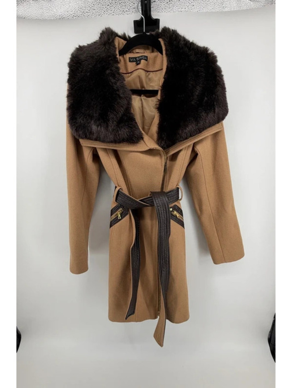 Via Spiga Women’s Size 10 Camel Wool Blend Coat Faux Fur Collar Belted